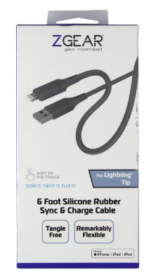 Z GEAR 6 Foot Silicone Rubber Sync & Charge Cable. For Lightning Tip