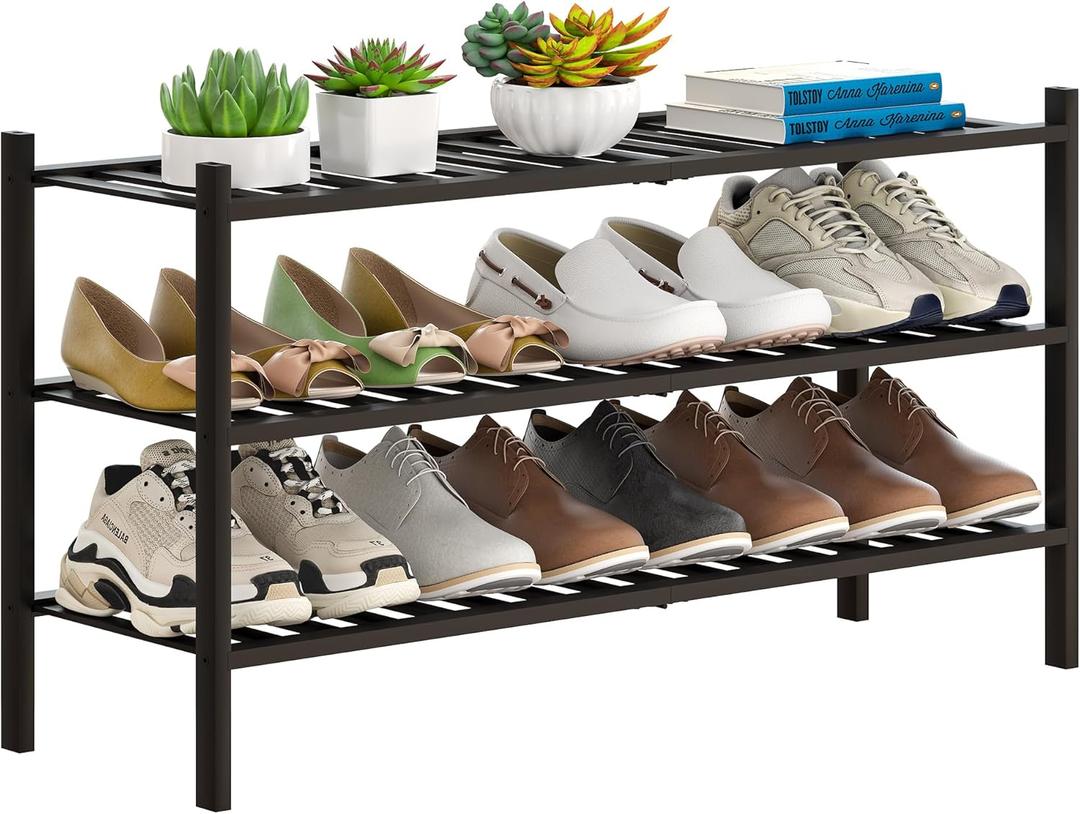 FILWH Bamboo Shoe Rack Stackable Shoe Shelf Storage Organizer for Unit Entryway Hallway and Closet Sturdy Freestanding Shoe Shelf(3L Tier Black) (3L-Tier/33.3*11*18.3IN)