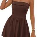 KIRUNDO Strapless Rompers For Women 2026 Summer Ribbed Fold-Over Tube Top (Brown, M)