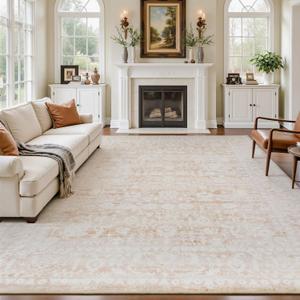 Beige 8x10 Area Rugs for Living Room, Floral Vintage Washable Rug for Bedroom, Distressed Neutral Non Slip Soft Print Floor Carpet for Dining Room Nursery Home Office