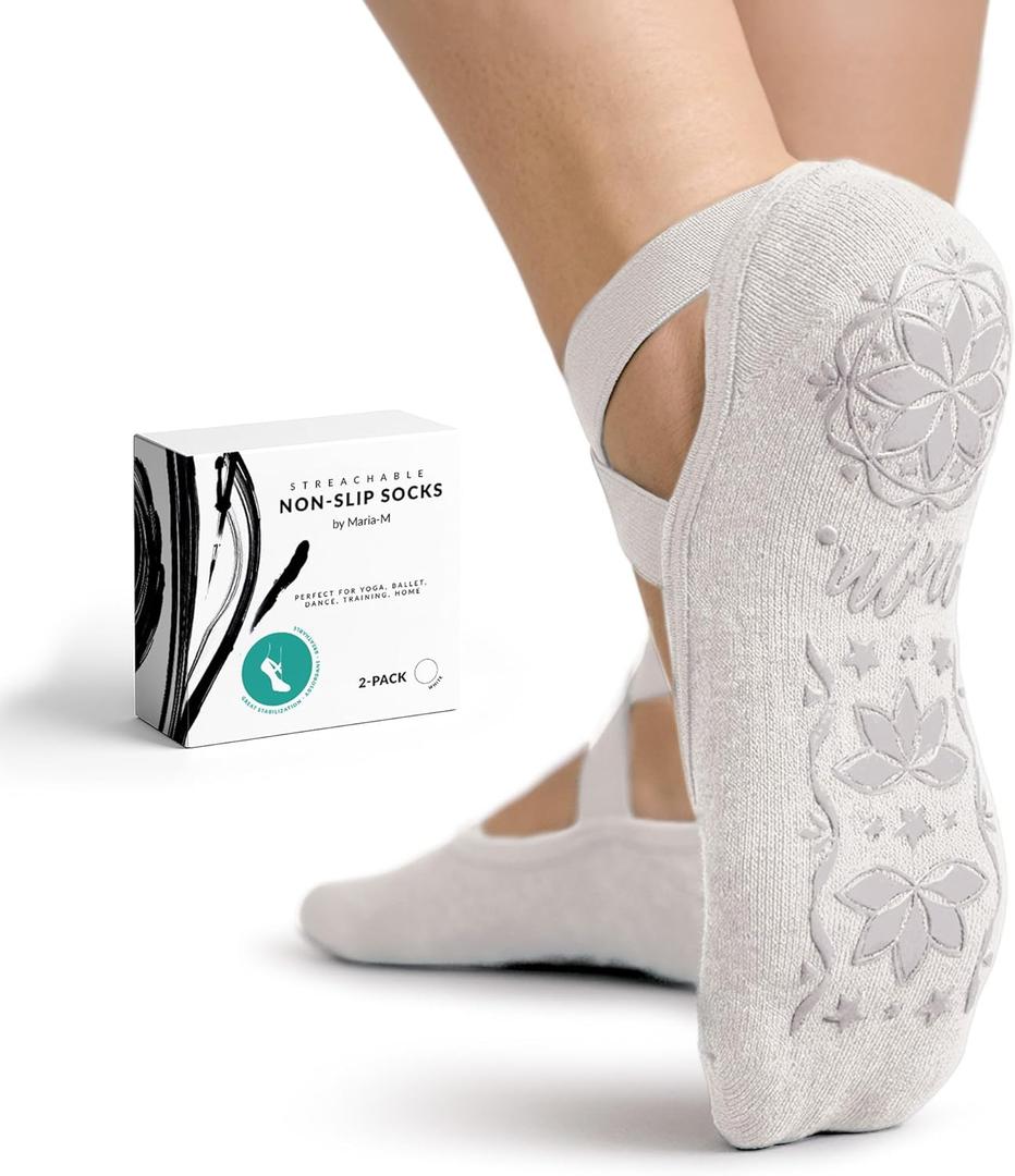 Maria-M 2 Pairs Yoga Socks for Women, Non-Slip Grip & Grip Straps, Socks for Pilates, Yoga, Pure Barre, Ballet (One Size)