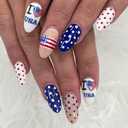 4th of July Polka Dots Press on Nails Almond Medium Fake Nails with American Flag Heart Designs Fourth of July Nails Press ons White Blue False Nails Independence Day Stick on Nails for Women 24Pcs