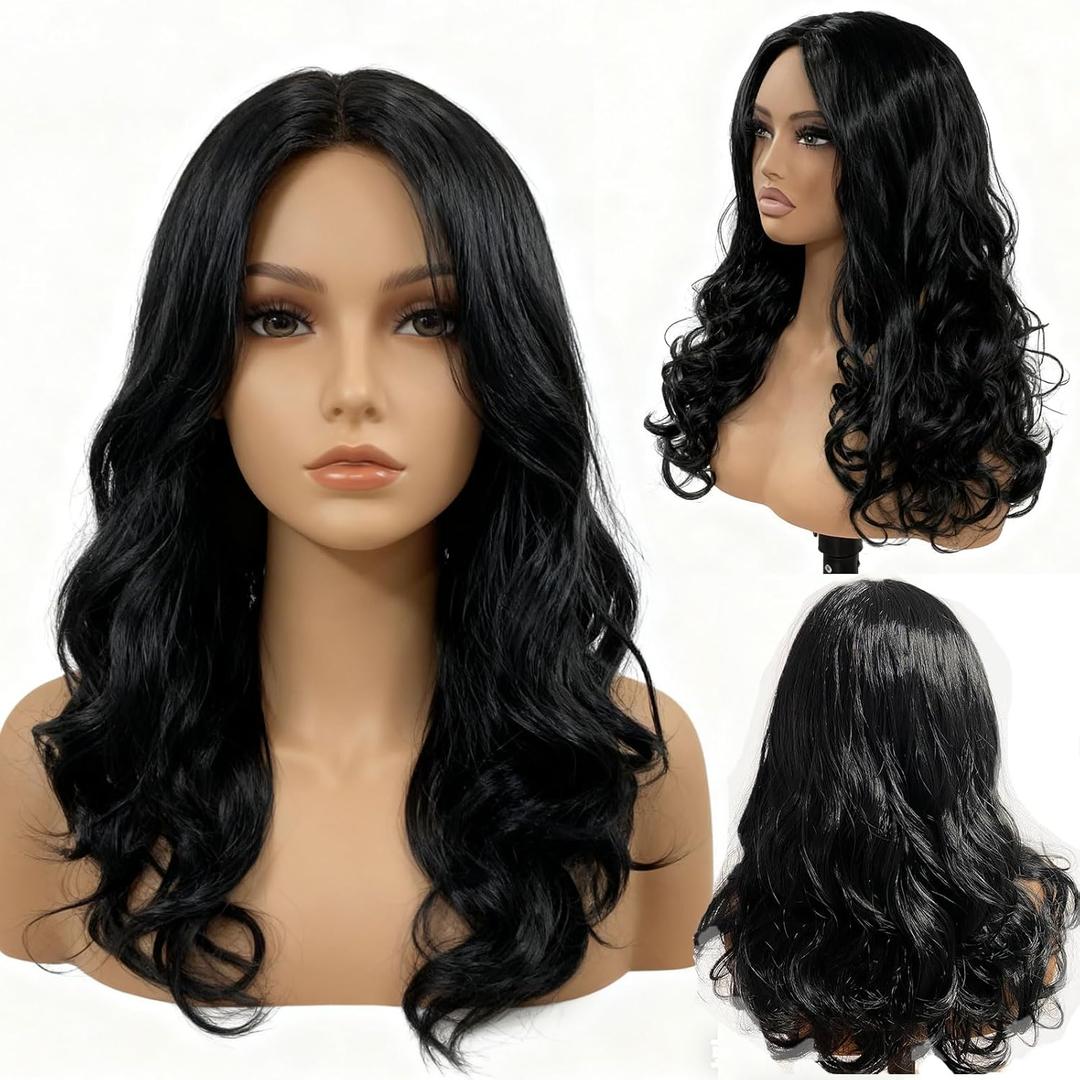 17 Inch Medium Length Black Bob Wig Short Wavy Wigs Synthetic Heat-resistant Natural Black Hair Middle Part Cosplay Wig