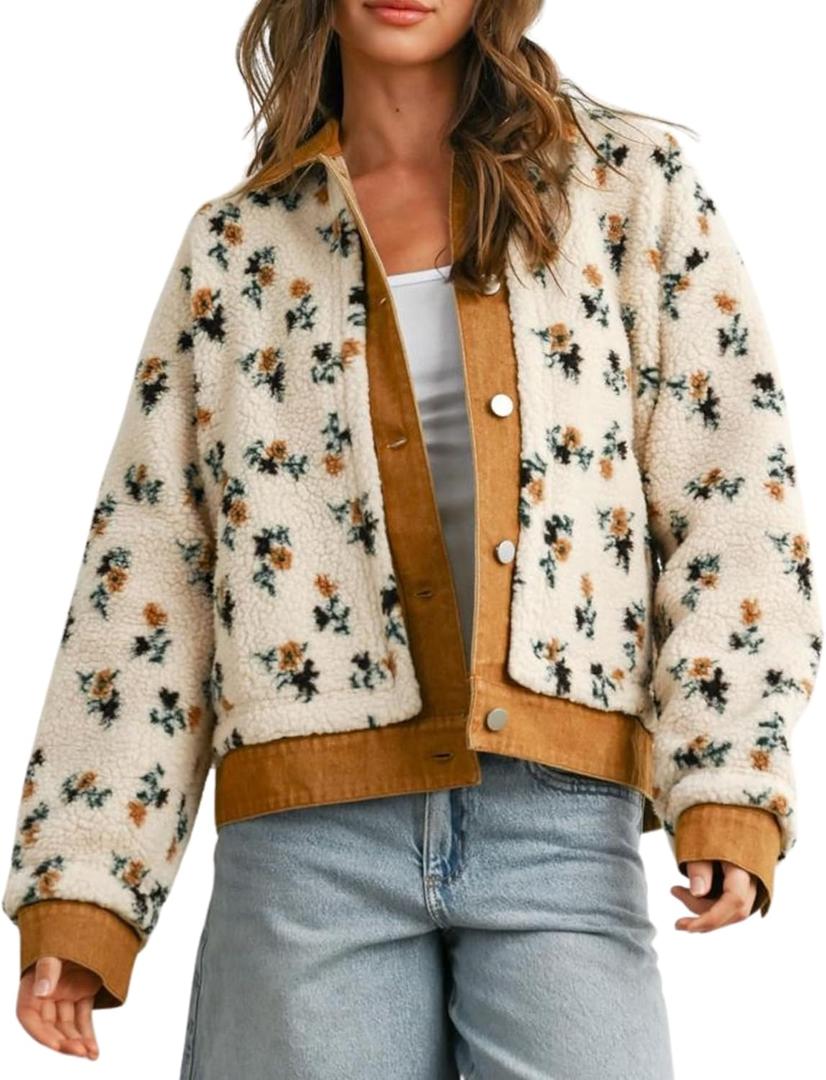 Women's Floral Sherpa Jacket Open Front Denim Collar Fleece Jackets Oversized Outerwear with Pockets (Large, Brown)