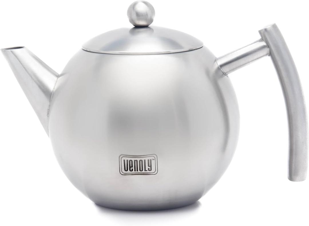 Stainless Steel Tea Pot With Removable Infuser For Loose Leaf and Tea Bags, Hot Water Fast to Boil, Dishwasher Safe and Heat Resistant (Silver, 1 Quarts/Liters)