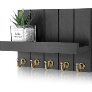 Decorative Farmhouse Key Holder for Wall - Modern Key Racks for Wall Decor Living Room and Mail Organizer with Shelf for Apartment Essentials - Home Decor Aesthetic (Black, 3.54"D x 10"W x 7.28"H)