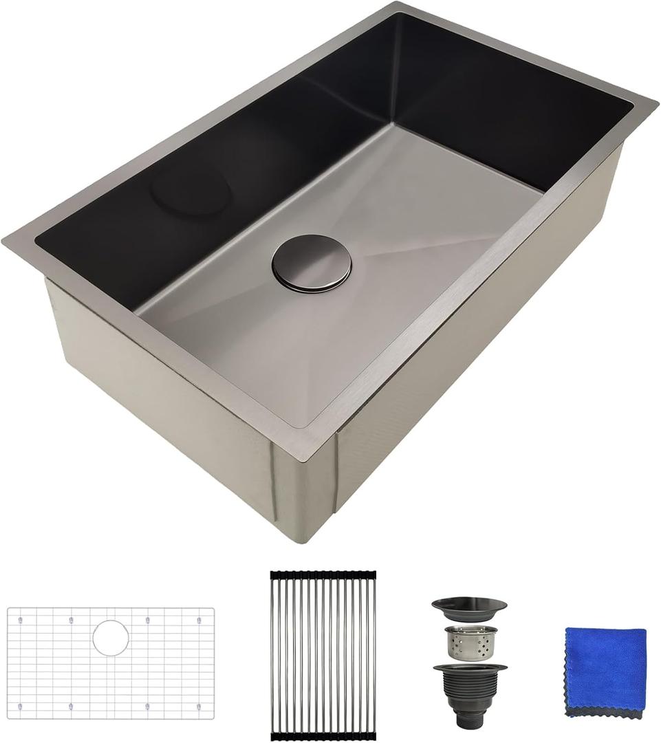 30 Inch Black Undermount Kitchen Sink - Delironexu Single Bowl Kitchen sinks, 16 Gauge Stainless Steel kitchen Sink Black with 4 Accessories, 30"x18"x9", Modern Design