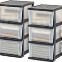 IRIS USA Plastic Drawer Storage Organizer, 3-Drawers, 2-Pack, for Classroom Art Craft Supplies, Bathroom Bedroom, Laundry Room, Black/Clear