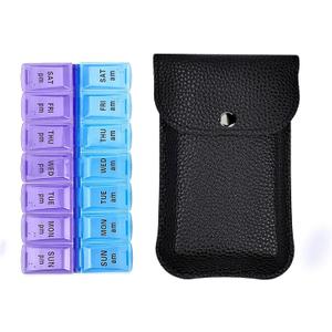 VOFOON Travel Pill Organizer 2 Times a Day, PU Leather Portable Pill Case for Women/Men, 7 Day AM PM Pill Box with Travel Pouch Medicine Organizer for Vitamins Medicine Fish Oils Supplements (Small)