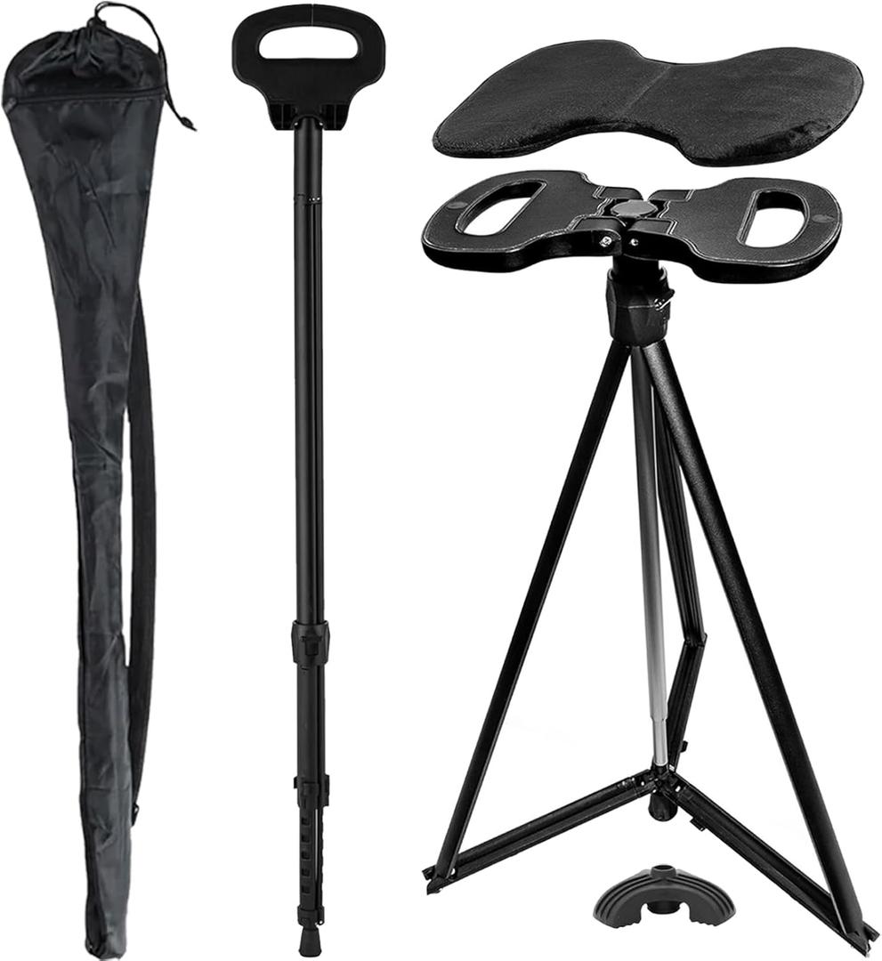 ALEVMOOM Walking Cane with Seat Folding Lightweight, 2-in-1 Cane Stool for Adults, Aluminum Walking Stick with Seat, Portable Stool for Senior, with Carry Bag (35-39 IN/2 LBS, Adjustable Height - Black)
