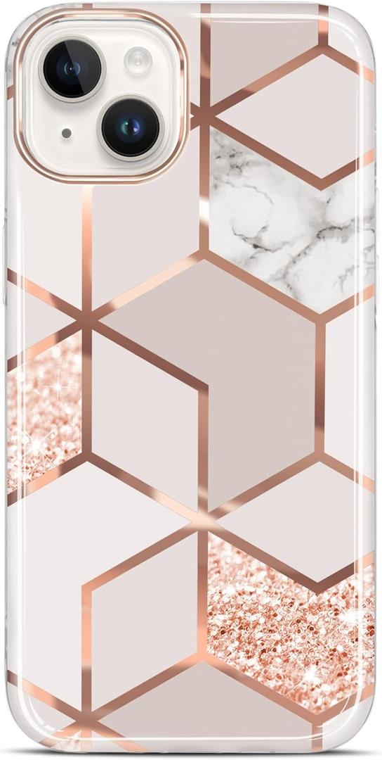 JAHOLAN Designed Case for iPhone 15 Plus Sparkle Glitter Plating Marble Protective Shockproof Slim Hard Back Cover Phone Case for iPhone 15 Plus Rose Gold