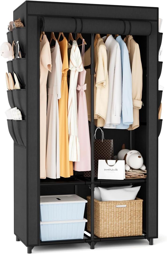 Portable Closet for Hanging Clothes, Portable Wardrobe Closet with Cover, 4 Storage Shelves, 2 Hanging Rods and 8 Side Pockets, Easy Assembly and Sturdy Free Standing Closet for Bedroom, Black (2 Row - 34.5'' Wide)