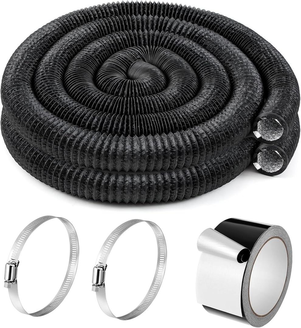 Zonon 4" x 100 ft Dryer Vent Hose Flexible Aluminum Foil Ducting, Black | Stainless Steel Clamps & Aluminum Tape; Flame Retardant, -22302F, for Pipe, HVAC Heating Cooling Ventilation, Exhaust