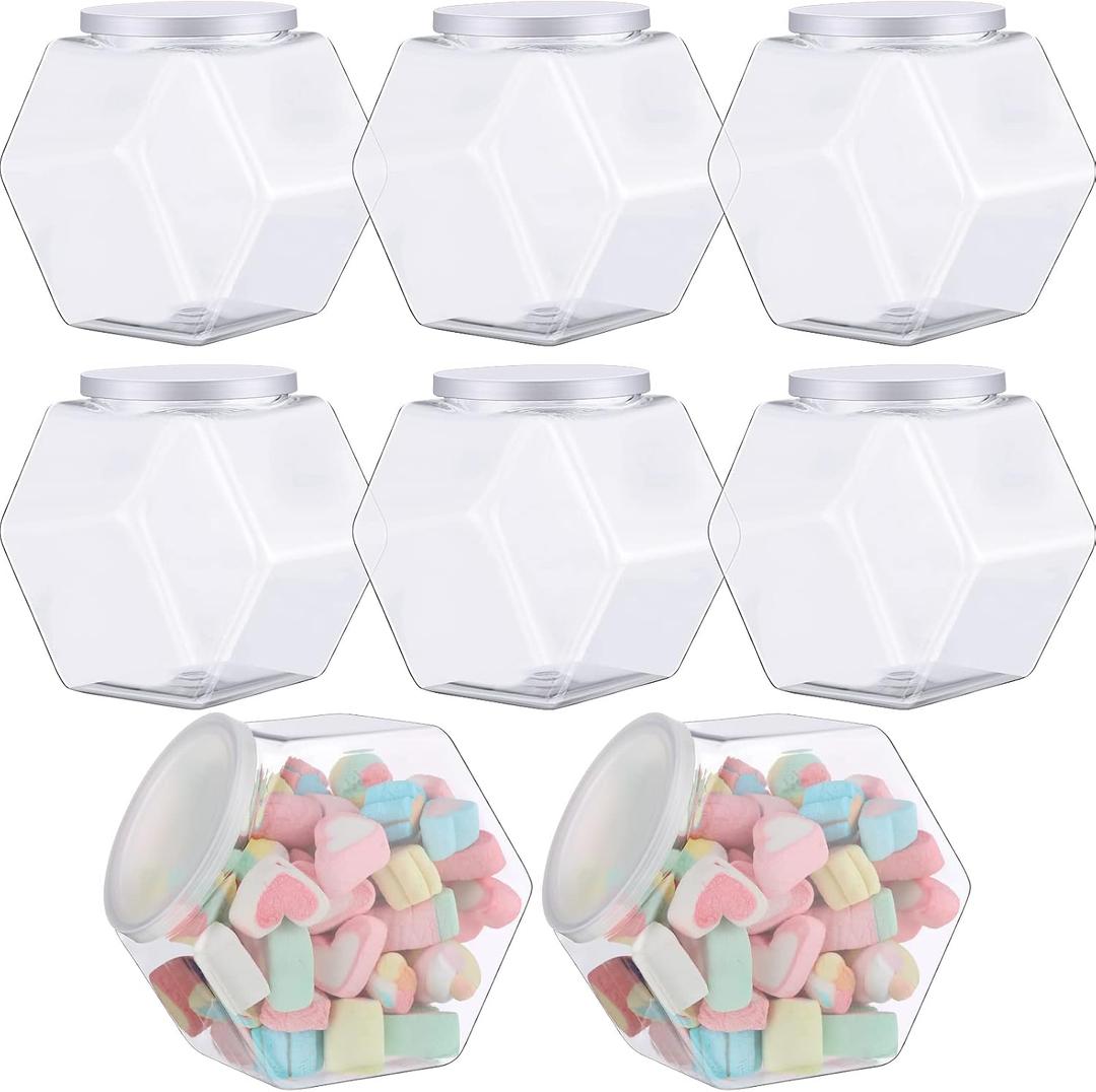 Yahenda 8 Pcs Hexagon Plastic Jars Cookie Jars with Airtight Lids Clear Candy Jar Wide Round Mouth Snacks Dog Food Candy Containers Reusable Coffee Display for Gifts and Storage (30 oz)