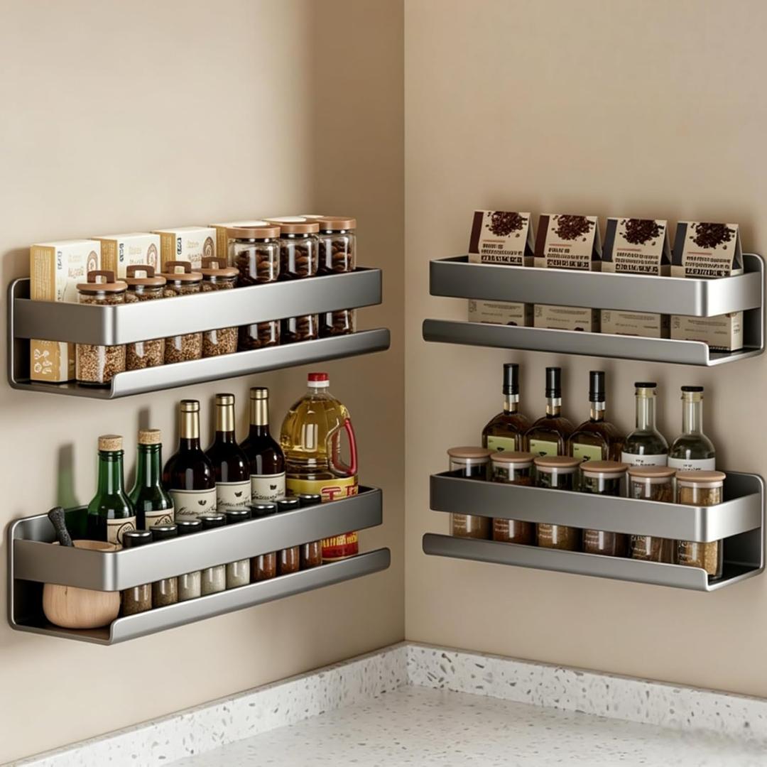 Adhesive Wall Mount Spice Rack Organizer, No-Drill Carbon Steel Spice Storage Shelf for Kitchen Cabinet, RV Camper, and Bathroom Counter, Multi-Purpose Wall Shelf for Seasonings, and bathroom supplies