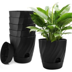 Plant Pots with Drainage, Self Watering Pots for Indoor Plants, Home Decor Flower Planters, 6 Pack Plastic Planters Succulent Pots, Black