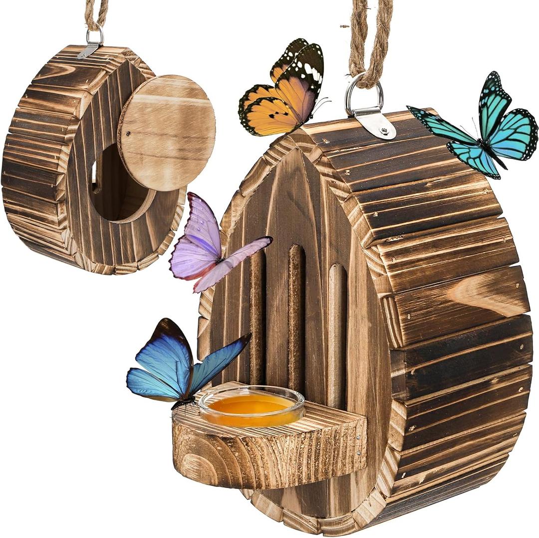 ZOOFOX Wooden Hanging Butterfly House, DIY Butterfly House Kit for Garden, Natural Butterflies Habitat with Feeder for Butterflies, Bees, Ladybug, Easy to Clean