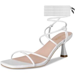 ISNOM Strappy Sandals for Women Kitten Heels Lace Up Heels Stiletto Heels Wrap Around Heels with Square Toe (White)