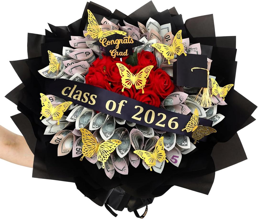 176 Pcs Graduation Money Flower Bouquet Kit Gifts Class of 2026 Money Bouquet Making Kit Gift Ideas with Black Flower Wrapping Paper Butterflies Graduation Cap for College Middle High School