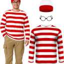 Helimoto Halloween Costumes, Red and White Striped Shirt, Cosplay Costumes Adult, Halloween Shirt with Glasses Frame and Hat (Red, XL)