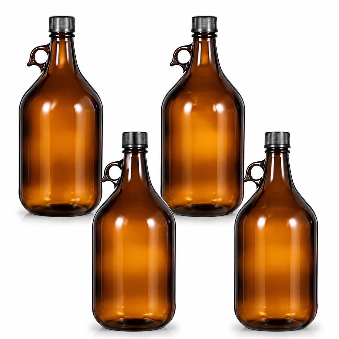 Maxdot 4 Pack 84 oz Glass Growler Bottles with Airtight Lid Amber Glass Carboy with Handle for Kombucha Beer Brewing Wine Making Castor Oil Decoration