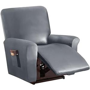 vctops 4 Pieces Waterproof Faux PU Leather Recliner Slipcovers Stretch Soft Sofa Couch Cover Anti-Slip Furniture Protector with Elastic Bottom for Kids Cats Dogs(Grey,1 Seat)