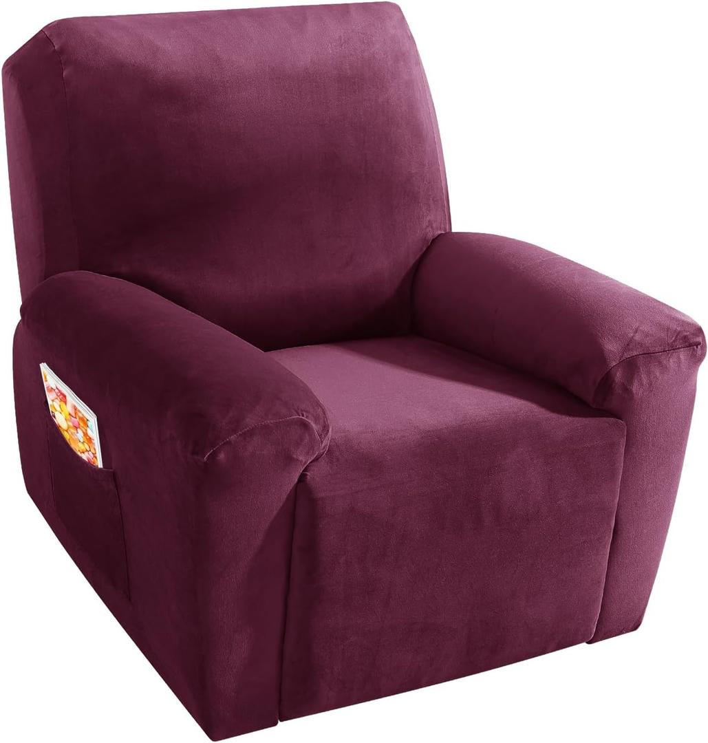 MAXIJIN Velvet 4 Piece Recliner Cover Stretch Plush Soft Cover for Recliner Chair Thick Soft Recliner Chair Slipcover Separate Chair Cover for Recliner with Side Pocket (Wine Red)