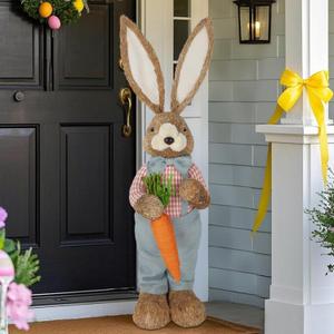 DR.DUDU 2.7FT Large Easter Bunny Decor  Outdoor Easter Decorations for Porch & Home, Straw Standing Rabbit Statue with Carrots, Farmhouse Spring Decor, Entryways Photo Props (Boy)