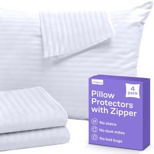 Set of 4 Pillow Protectors with Zipper Queen Size - 100% Resistant to Stains, Dust & Dirt - Washable Covers for Increased Pillow Lifespan