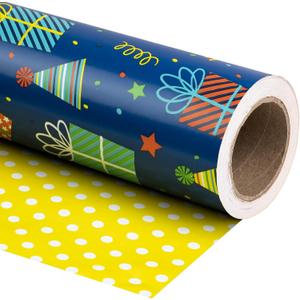 WRAPAHOLIC 30 Inch Reversible Birthday Wrapping Paper - 30 Inch x 33 Feet - Gift Boxes and Polka Dot Design for Birthday, Holiday, Party, Baby Shower
