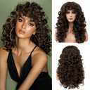 FLUFYMOOZ Curly Wig with Bangs for Black Women, 20 Inch Dark Brown Curly Gorgeous Shag Hair Wig, Curls with Wispy Bangs Heat Resistant Soft Synthetic Wig for Women Daily Use Party Cosplay（dark brown）