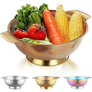 Berglander stainless steel gold colander, metal filter with handle, large stable base for draining, rinsing and washing. It can be used to wash rice, fruits and vegetable, Pack 4 Berglander stainless steel gold colander, metal filter with handle, large stable base for draining, rinsing and washing. It can be used to wash rice, fruits and vegetable, Pack 4