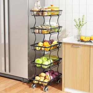 SAYZH Fruit Basket Kitchen Pantry Organizers and Storage - 5 Tier Stackable Metal Wire Basket Stand for Fruit Vegetable Snacks Jars Bins Containers Organization, Black