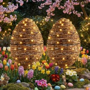 Colingmill 20 Inch Set of 2 Large Easter Porch Decor Outdoor, Rattan Eggs Topiary with 9.84ft LED Lights Easter Eggs Decoration for Home Outdoor Indoor Porch Garden Farmhouse Spring Decoration