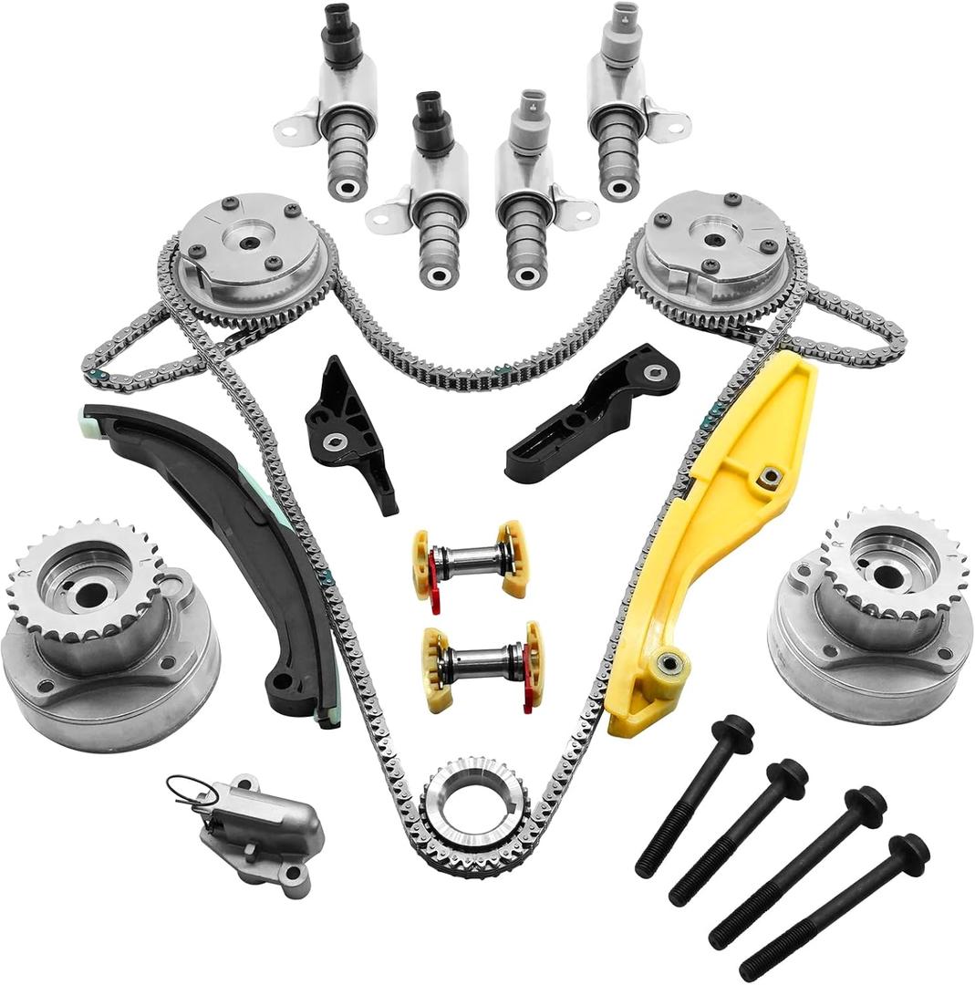 90738S Timing Chain Kit with VVT Cam Phaser & 4Pcs Variable Valve Timing Solenoid for 2011-2019 Ford Explorer Edge Taurus Expedition F-150 Mustang Transit Lincoln MKX Mark 3.5L 3.7L Timing Chain Kit