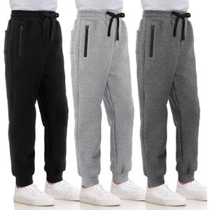 3 Pack Boys Sweatpants Fleece Cotton Athletic Pants Boys Joggers with Zipper Pockets Kids Youth Workout Sweat Pants Size 5-16 (X-Large, Black, Dark Gray, Light Gray)