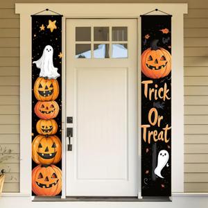 Halloween Porch Banner 12x71 Inch Trick or Treat Door Sign Jack O Lantern Pumpkin Outdoor Hanging Decoration Happy Halloween Vertical Yard Flag for Home Party Entryway