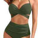 High Waisted Underwire Bikini Sets - Women 2025 Two Piece Swimsuits Halter Bathing Suits with Tummy Control Bottom (Large, Army Green)