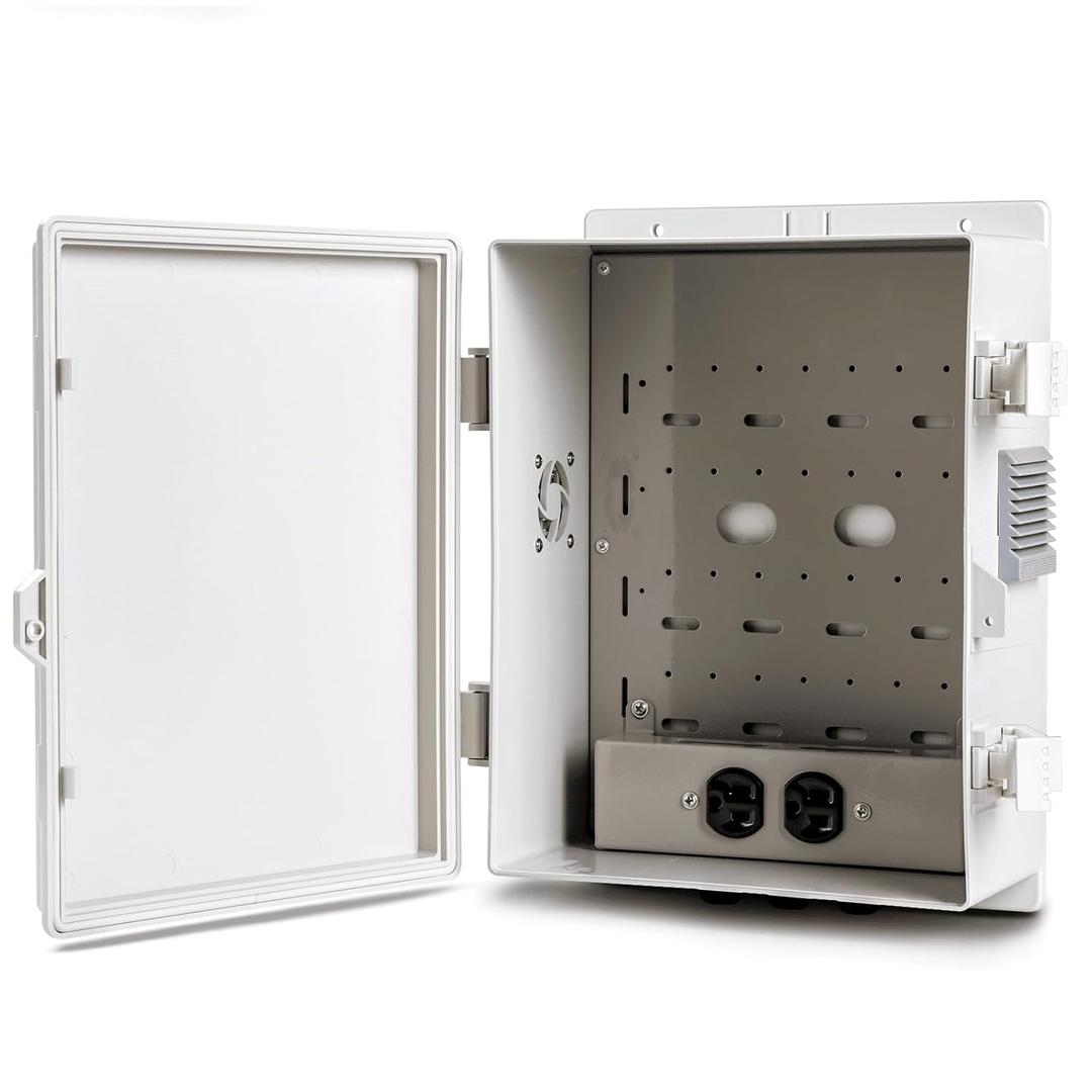 Outdoor Electrical Junction Box, ABS Water Resistant Enclosure with Internal Mounting Panel & Hinged Cover (13" H* 9.2" L* 4.6" W & Outlet)