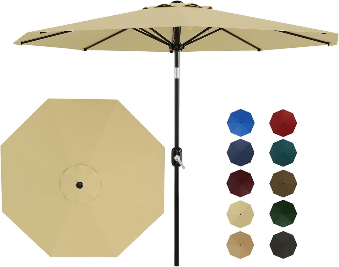 9ft Patio Umbrella, Table Umbrella Outdoor Patio with Crank Lift & Push Button Tilt, 8 Sturdy Ribs for Yard, Deck, Pool -Beige