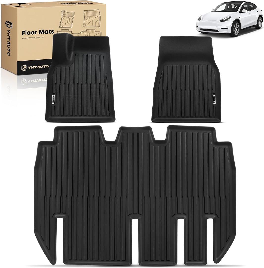 YHTAUTO Floor Mats Compatible with Tesla Model X 2022-2025 (5-Seater), TPE Floor Liners All Weather Custom Fit, 1st & 2nd Row, Set of 3, Black