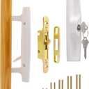 Sliding Glass Patio Door Handle Set with Key Cylinder and Mortise Lock 45 Keyway, Oak Wood Inside Handles and Zinc Diecast Outside Pull, 3-15/16" Hole Spacing, Non-Handed, White