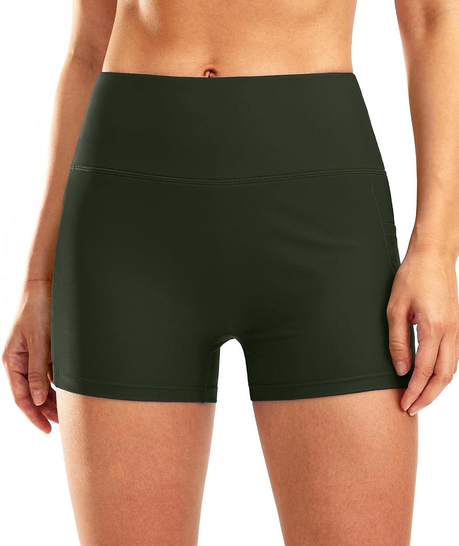 Pudolla Womens Swim Shorts High Waisted Bathing Bottom Shorts Tummy Control Board Swimsuit with Pockets (Medium, Olive Green)