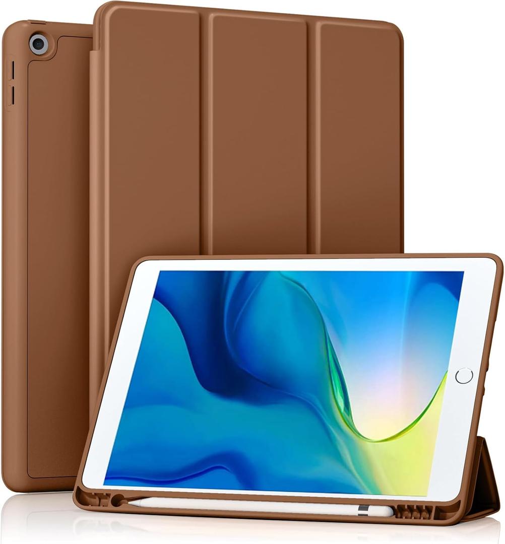 Akkerds Case Compatible with iPad 10.2 Inch 2021/2020/2019, for iPad 9th/8th/7th Generation Case with Pencil Holder, Protective Cover with Soft TPU Back, Auto Sleep/Wake, Brown