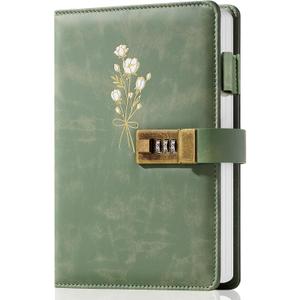 Ovesmusl Diary with Lock for Girls A5 Leather Diary for Women 260 Pages 100 GSM Refillable Journal with Lock for Teens Secrets Flower Journals with Combination Passwords, 5.7"x8.3", Green