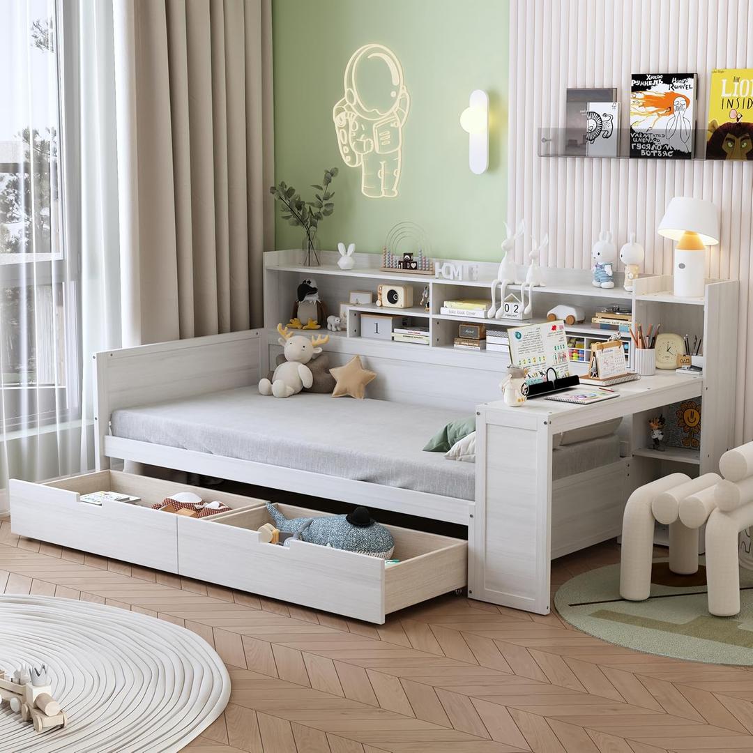Bellemave Twin Corner Bed Frame with Storage Shelves and Desk, Wood Twin Size Daybed with Bookcase and DrawersTwin Daybed with Storage, Antique White
