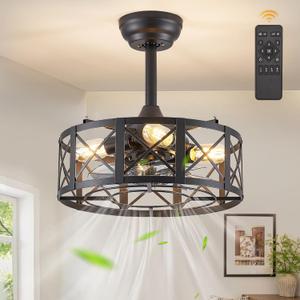 16in Caged Ceiling Fans with Lights and Remote, Black Fandelier Ceiling Fan with 6 Speeds and Timing, Farmhouse Samll Fan Lights Ceiling Fixtures For Kitchen, Bedroom, Outdoor-Black X (Black X-Shape)