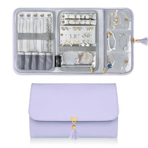 MATEIN Jewelry Organizer for Travel, Womens PU Leather Large Jewerly Holder with Tassel, Travel Necklace Earring Ring Bracelet Storage Case, Purple