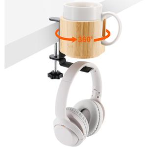 Nnewvante Desk Cup Holder, 2 in 1 360 Rotating Headphone Hanger Under Desk, 360 Anti-Spill Cup Holder, Table Cup Holder for Water Bottles, Gaming Desk Accessories - Bamboo