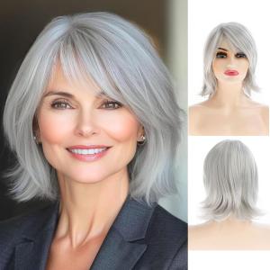 Baruisi Gray Short Hair Wigs for Women Synthetic Straight Natural Looking Cosplay Wig with Bangs